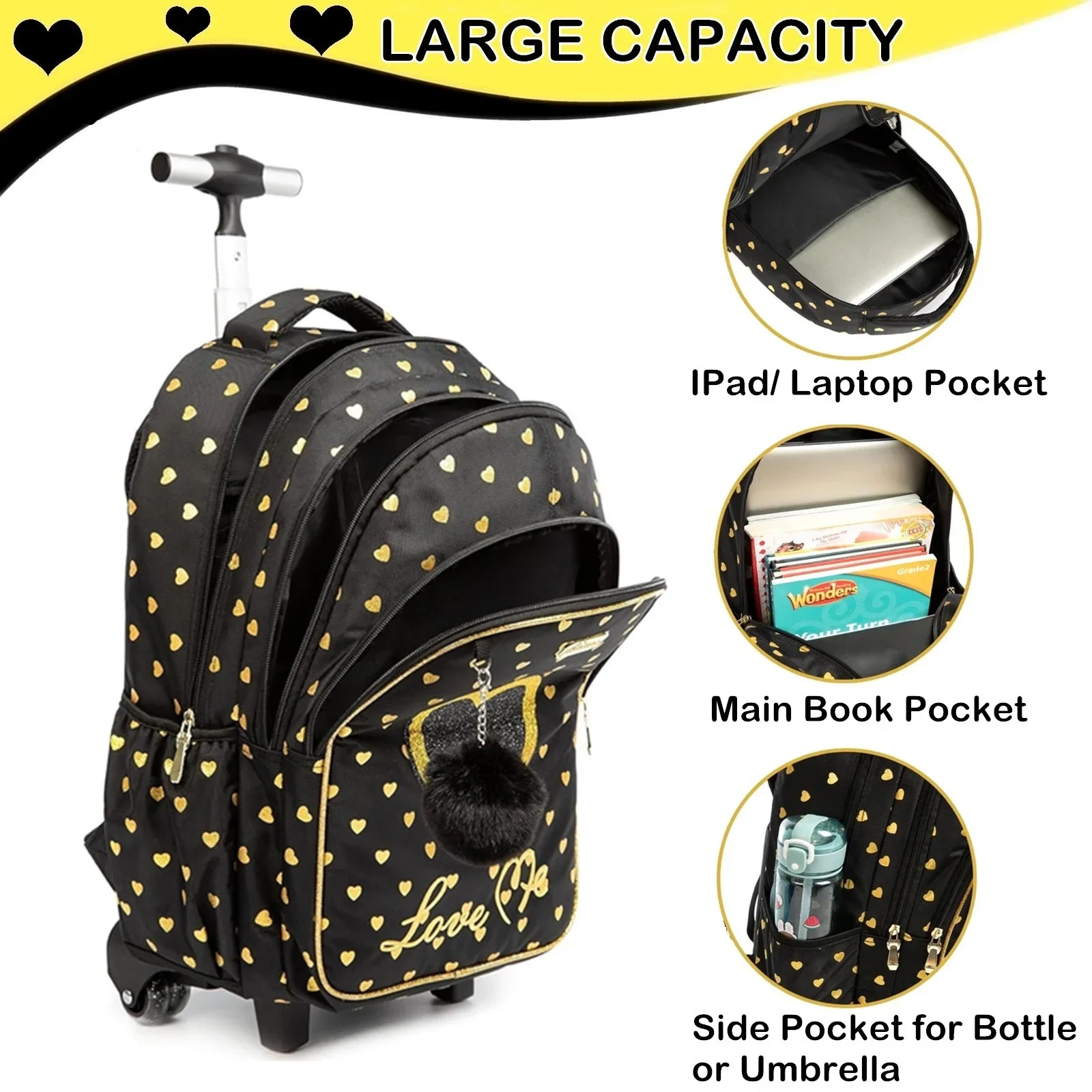 BunnyFly Kids Rolling Backpack Set with Lunch Box Girls School Trolley Bag Lightweight Wheeled Luggage for Elementary Students