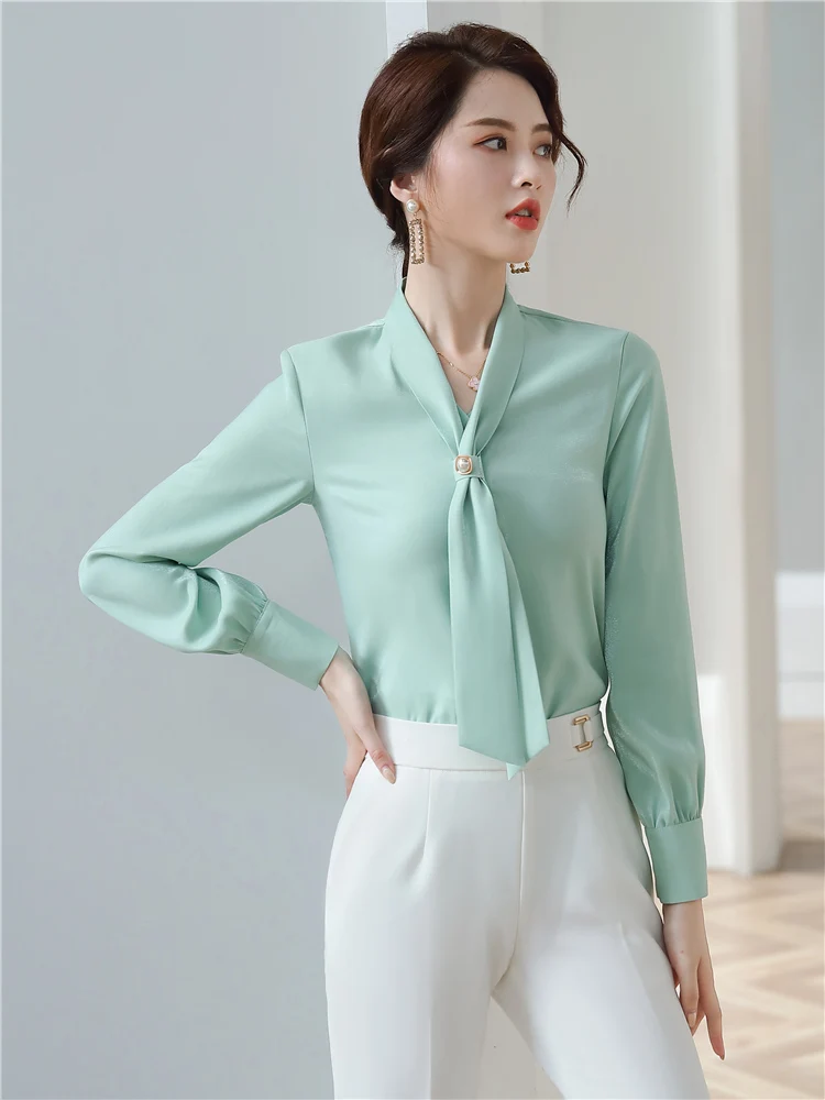 Women\'s Elegant Bow Tie Shirt Ladies\'  Solid Long Sleeve Chiffon Shirts Casual Blouses Vintage Tops Mint Green Spring Autumn