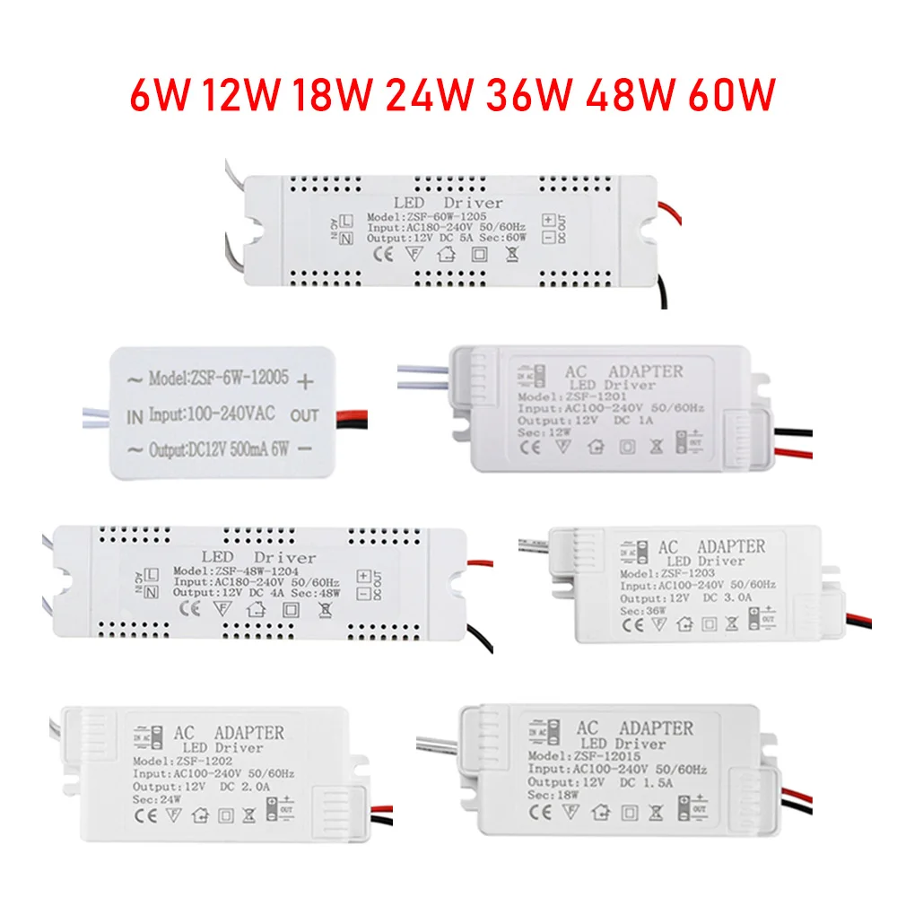 Home Improvement Power Supply Adapter DC 12 Volts Source LED Driver Lighting Transformer 6W12W 18W 24W 36W 48W 60W For Led Strip