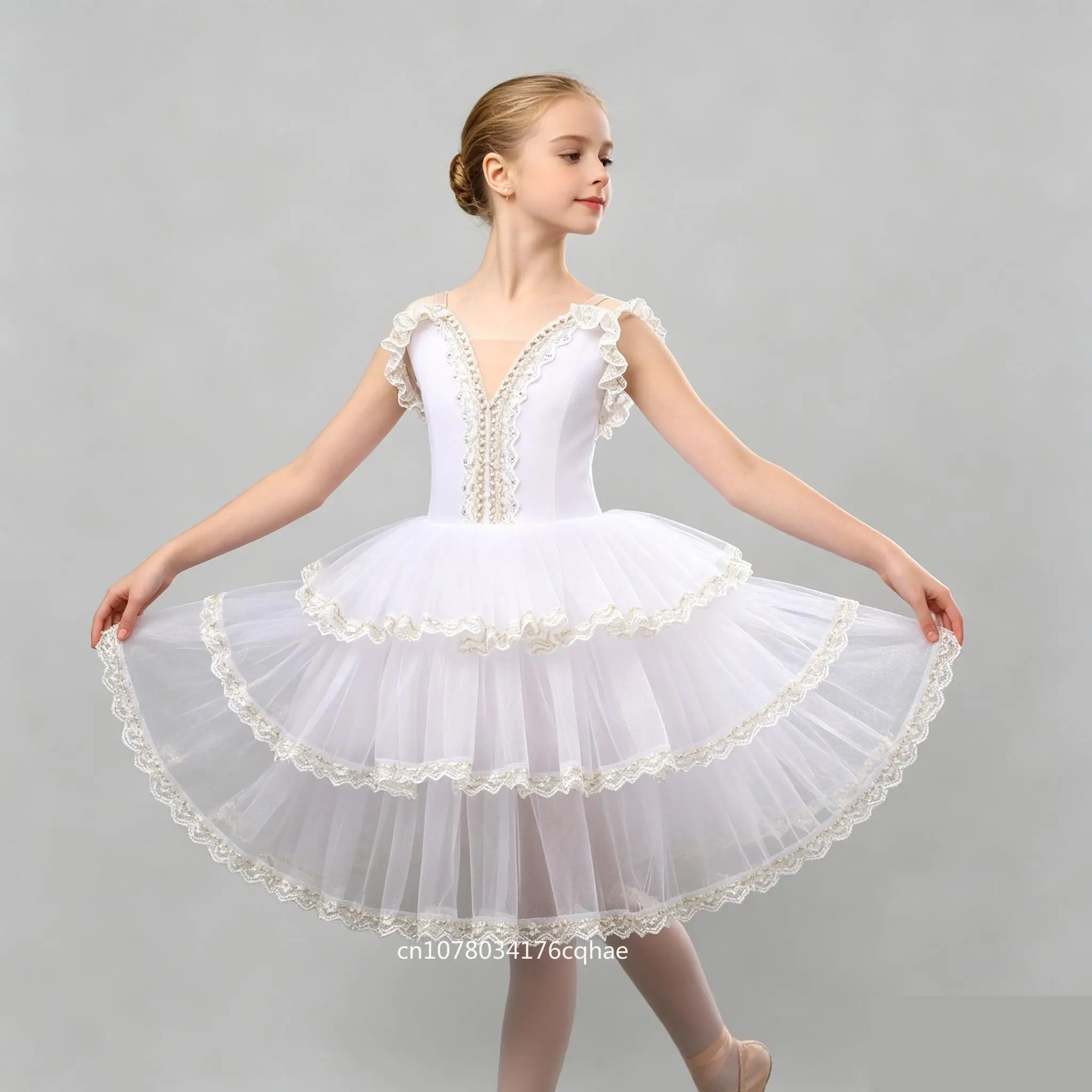 

Girls White Gold Lace Layered Ballet Tutu Dress Kids Ballerina Performance Costume Children Dance Party Dress Spanish Dress