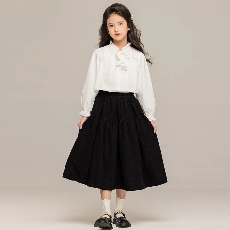 

Girls' white shirt students' thin cotton spring clothes stand up collar top 2025 children's long sleeved cardigan shirt