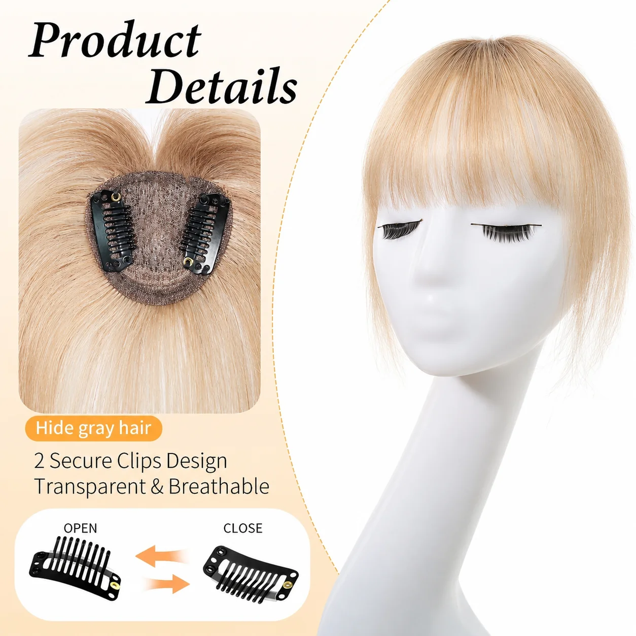 10 Inch Blonde Brown Ombre Human Hair Heart Shaped Topper with Bangs Straight Clip in Hairpiece for Women Thinning Hair