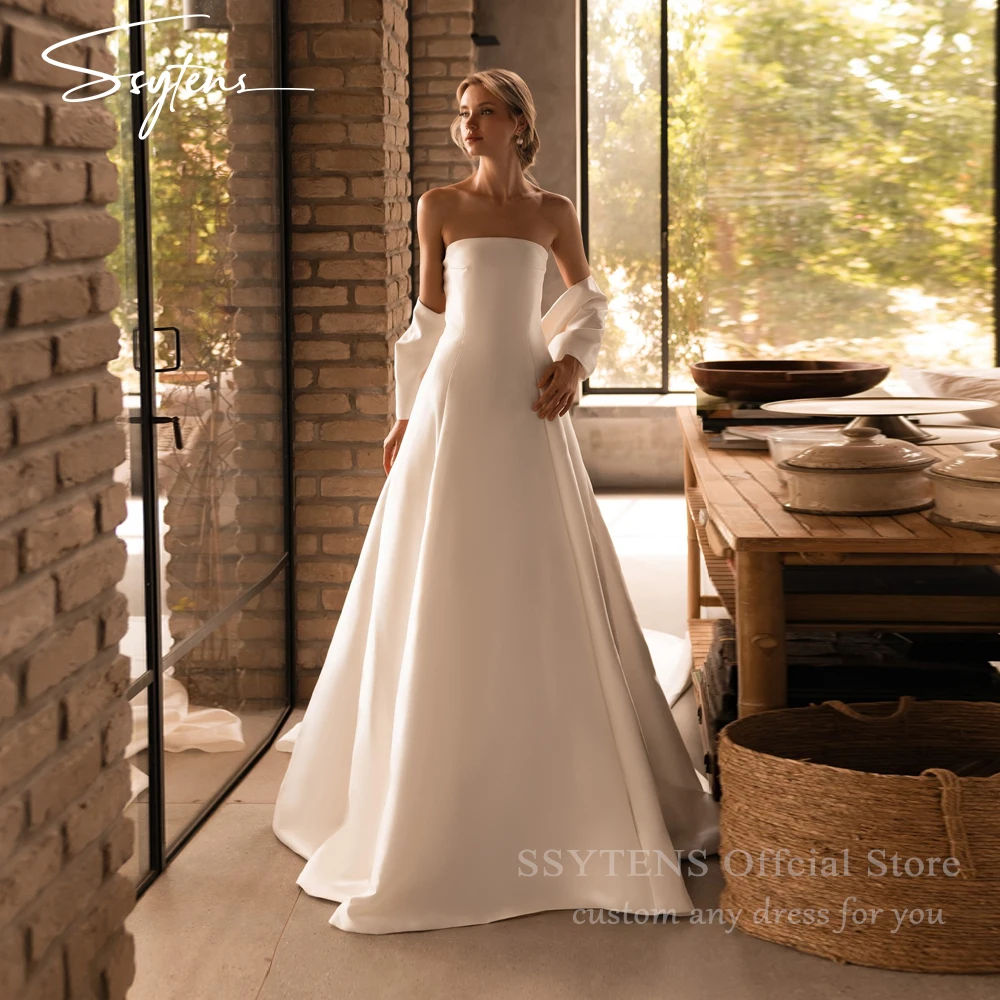 SSYTENS Elegante Elfenbein-Satin-Brautkleider, A-Linie, trägerlos, plissiert, Feenbraut-Abschlussballkleid 2026, Brautkleider, Vintage, individuell gestaltet
