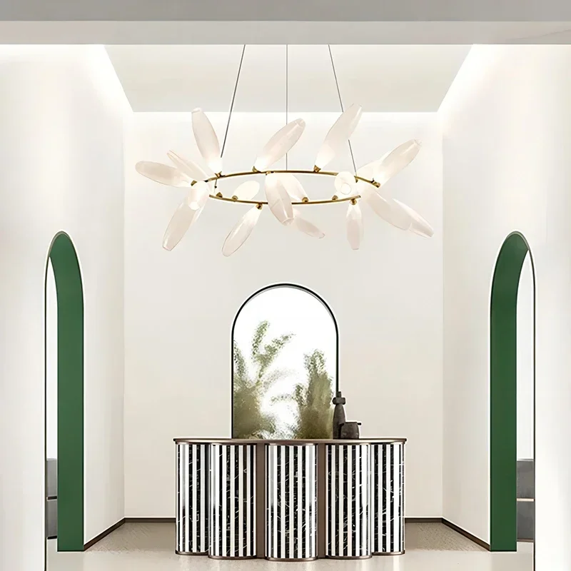 

Nordic Luxury White Design Flower shape ring Glass Chandelier lustre Suspended luminaire Adjustable Ceiling for dining room bar
