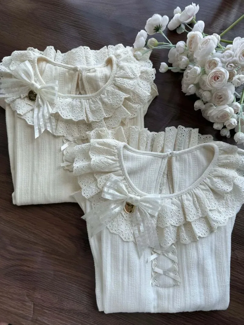 لطيف لوليتا الكشكشة كم طويل محبوك القمم الخريف الشتاء الدانتيل المرقعة س الرقبة قاعدة البلوز الرجعية الحلو Y2k سترة