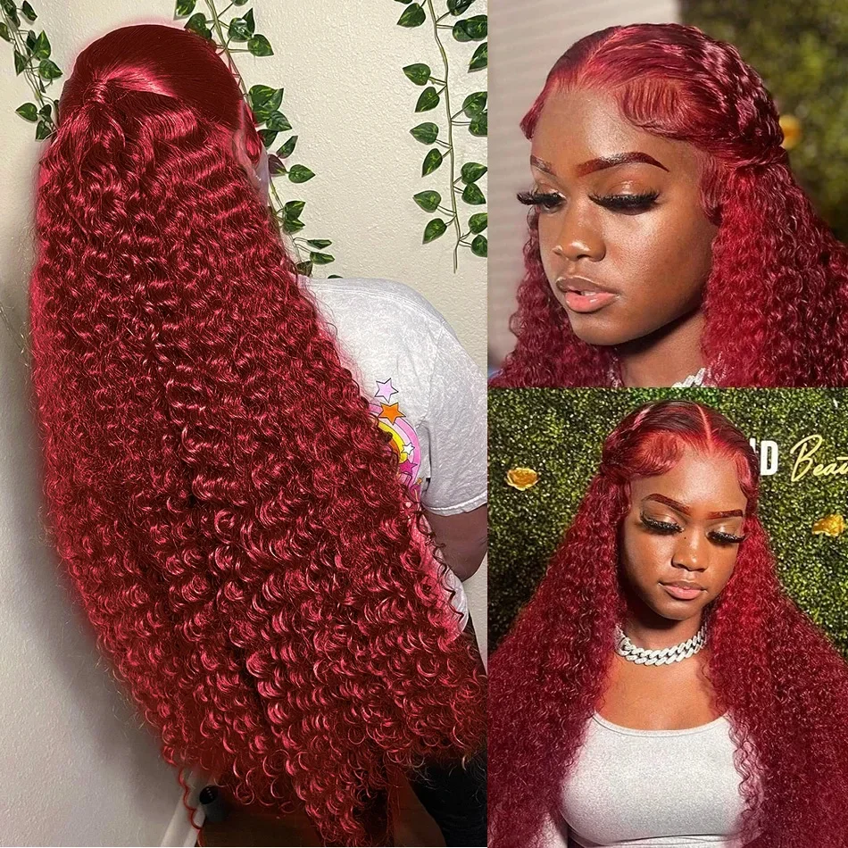 250 Density 30 40 Inch 99J Burgundy Deep Wave 13x4 Lace Front Human Hair Wig 13x6 Lace Frontal Red Curly Wigs Remy For Women