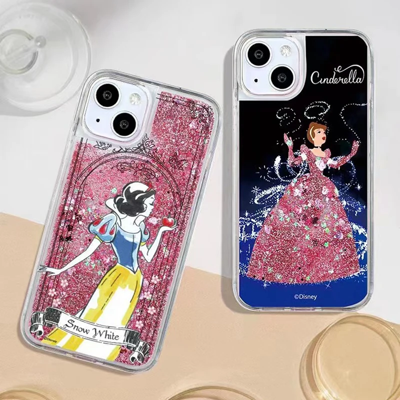 Cinderella Girl Disney Princess Liquid Quicksand Phone Cover for iPhone 11 12 13 14 15 Pro Max Luxury Cartoon bumper Soft Shell