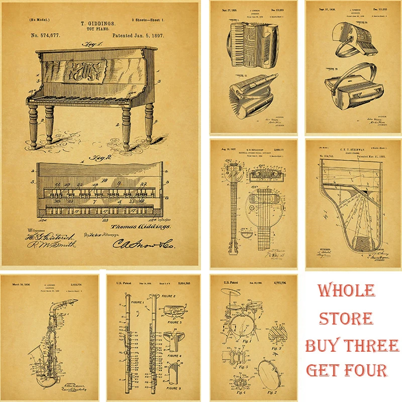 

Musical Instrument Patent Vintage Poster Kraft Paper Print Painting Retro Poster Wall Sticker Home Decor Wall Painting