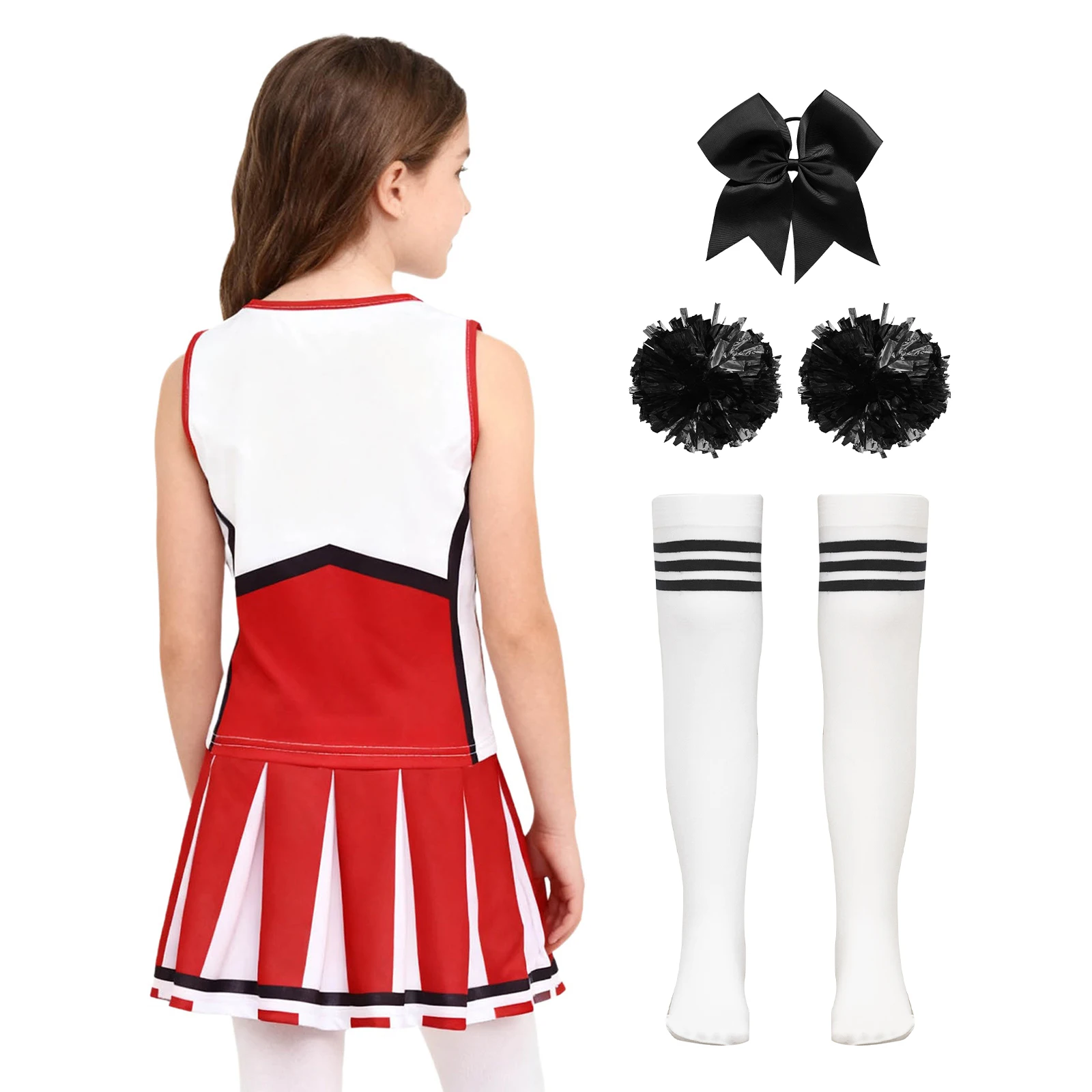 5 قطع يهتف زعيم الرقص أداء الزي إلكتروني طباعة أعلى مع تنورة Bowknot العلاقات الشعر شرابة اليد الزهور والجوارب مجموعات