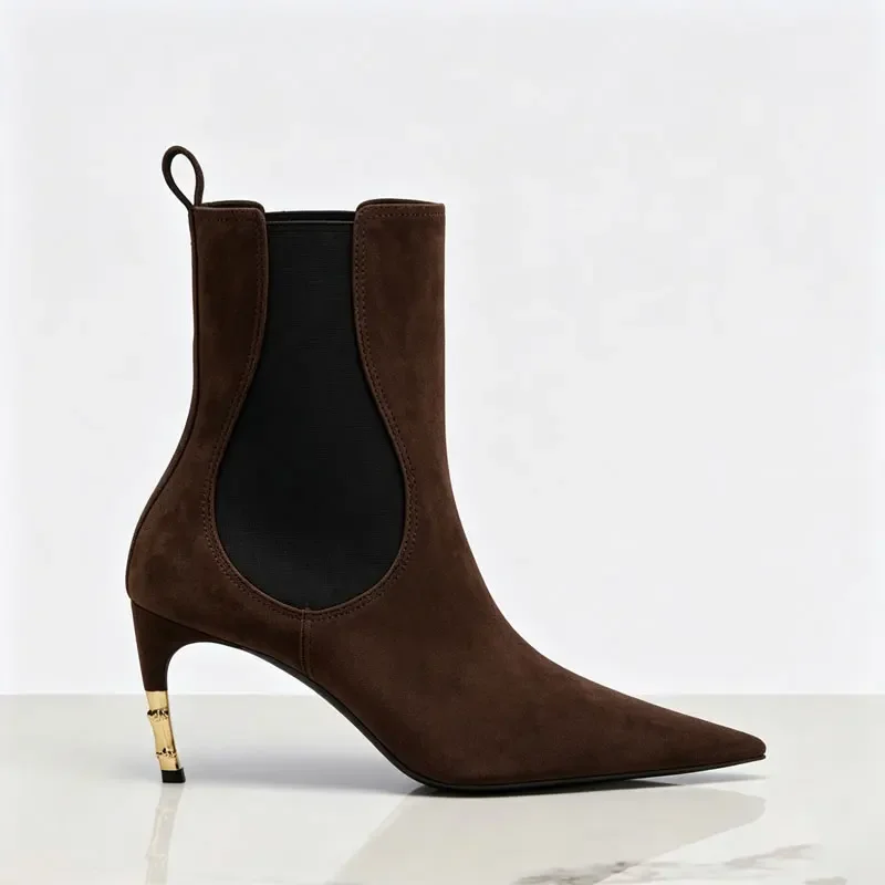 2026 New Low Heel Knee High Boots with Pointed Kitten Heels and Elastic Fabric Autumn and Winter Fashionable Mid Length Boots