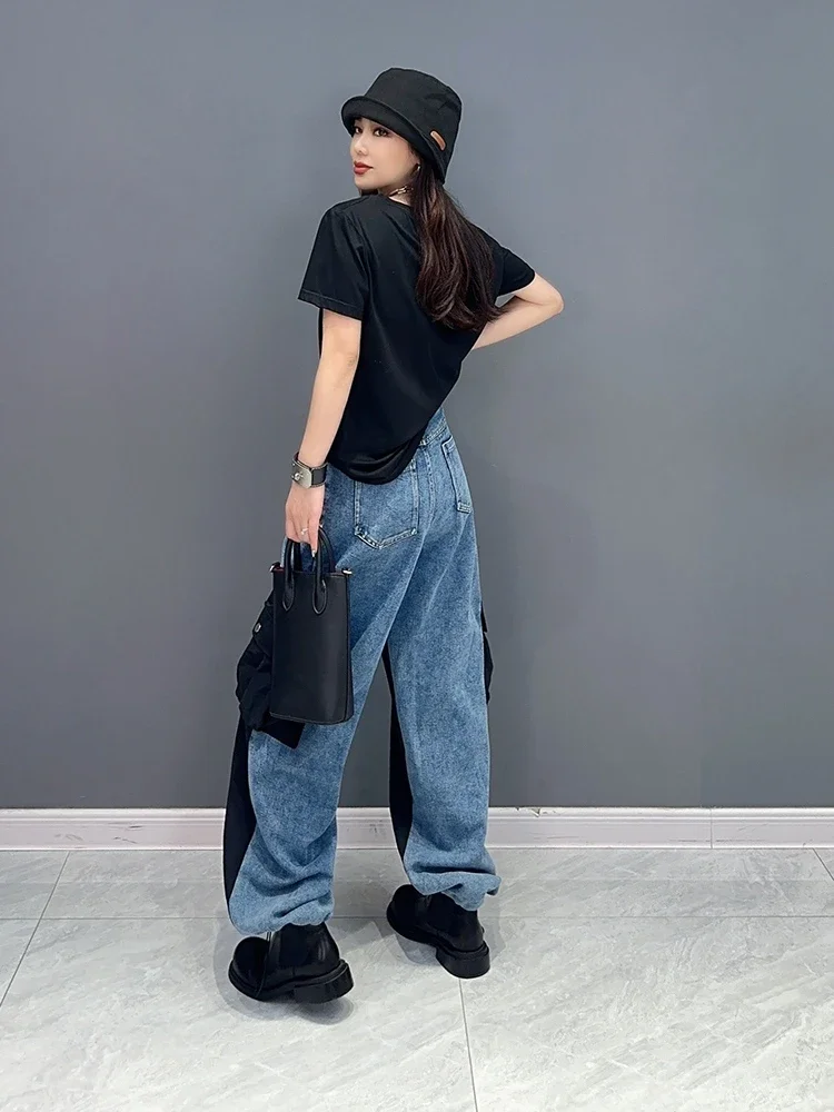 SuperAen 2023 Winter New Korean Style Splicing Denim Contrast Straight Tube Trouser Single Piece Pants Fashion Women\'s Pants