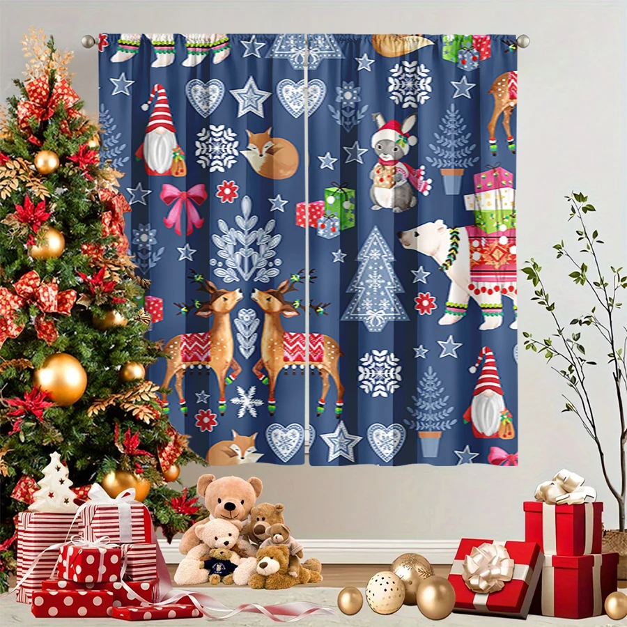 2PCS Christmas Winter Curtains, Cartoon Gnome Fox Rabbit Bear Reindeer Blue, Digital Print, Bedroom Living Room, Home Decor