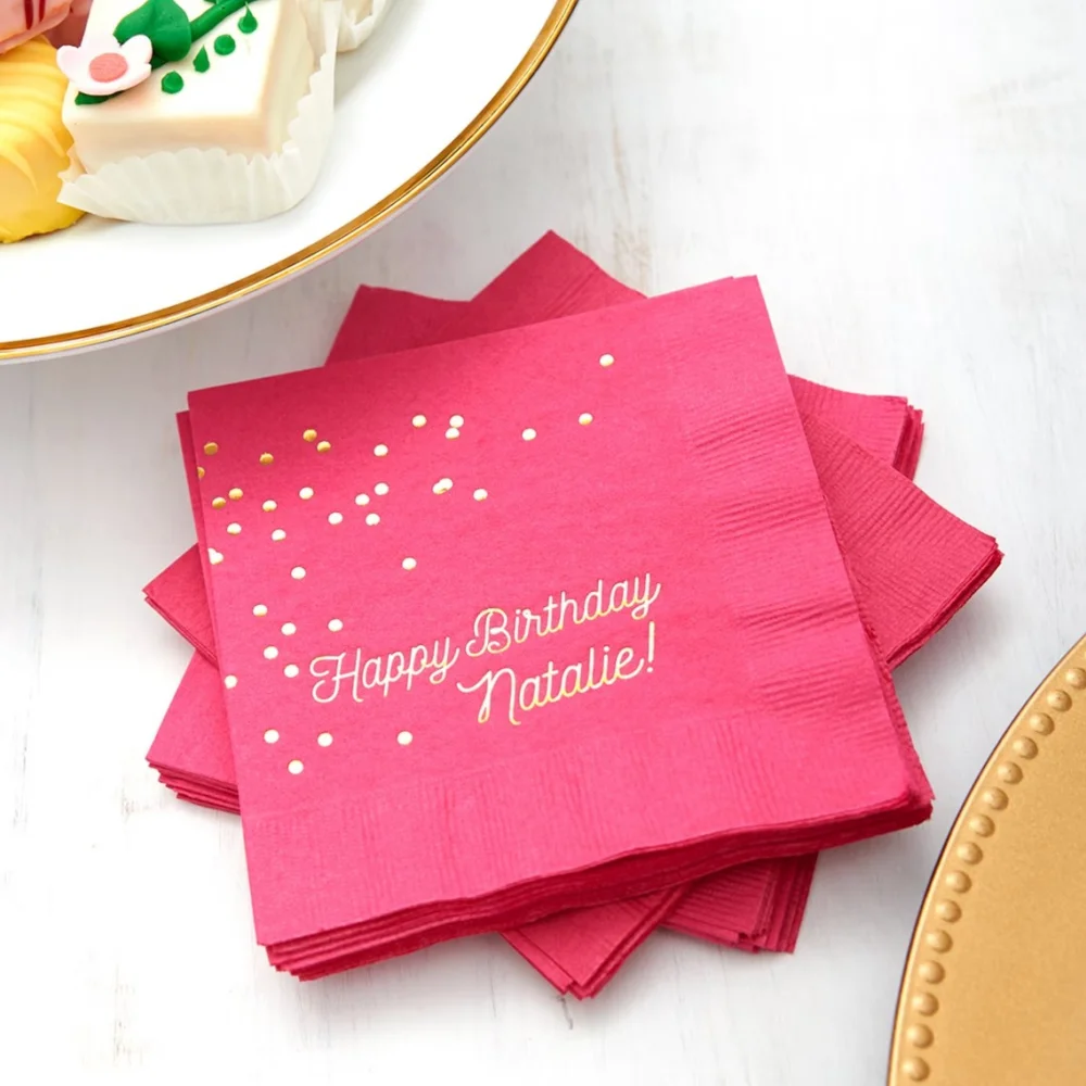 

50pcs Personalized Confetti Script Party Napkins - Custom Printed Cocktail Napkin for Birthday, Bridal Shower, Baby Shower