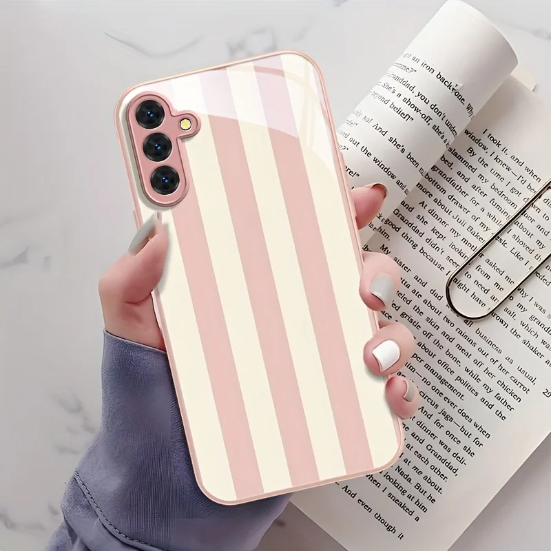 Sweet striped tempered glass phone case suitable for Samsung Galaxy S26 S25 S24 S23 S22 S20 FE/Ultra/Plus shockproof back cover