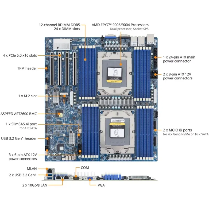 EPYC 9005 9004 서버용 MZ73-LM2 마더보드 E-ATX 듀얼 소켓 DDR5 ECC 등록 메모리 통합 그래픽 썸네일 4