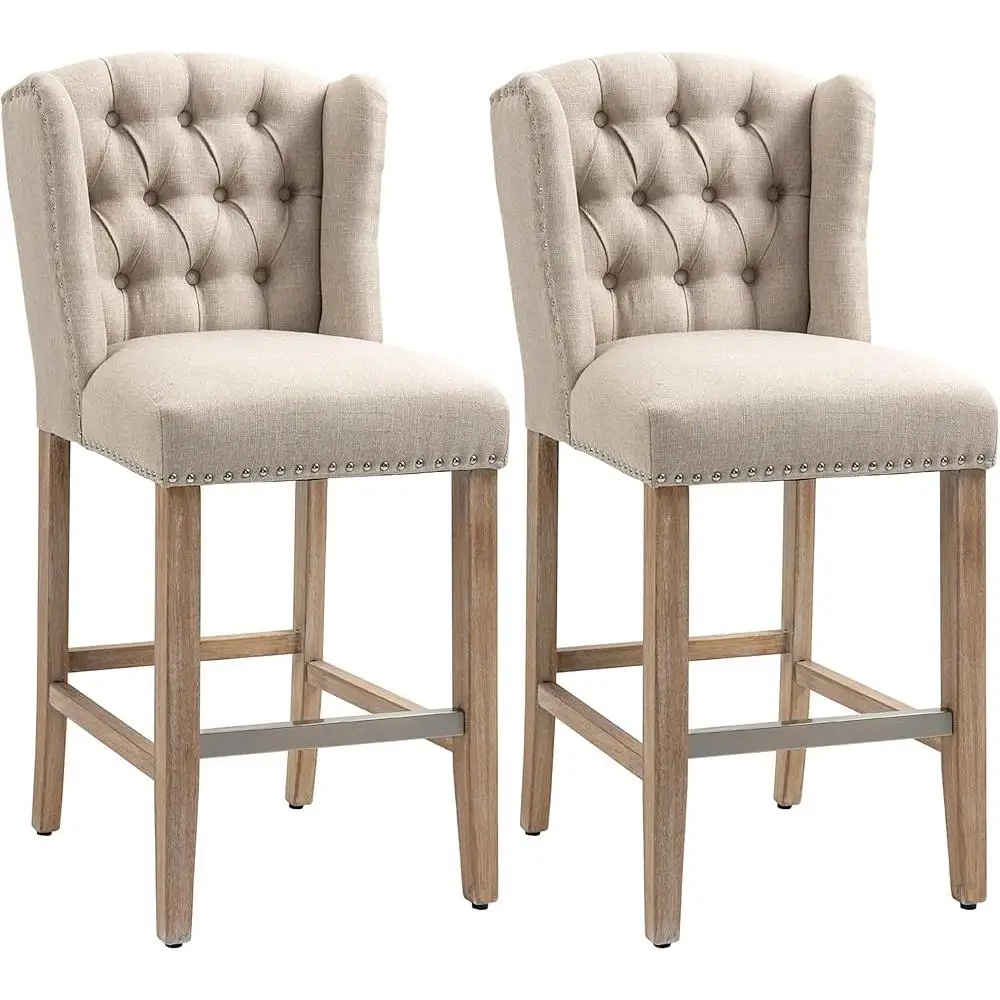 Comfortable Upholstered Bar Stools Set of 2 Kitchen Counter Height Stools Solid Wood Legs Farmhouse Design Breakfast Bar Chairs