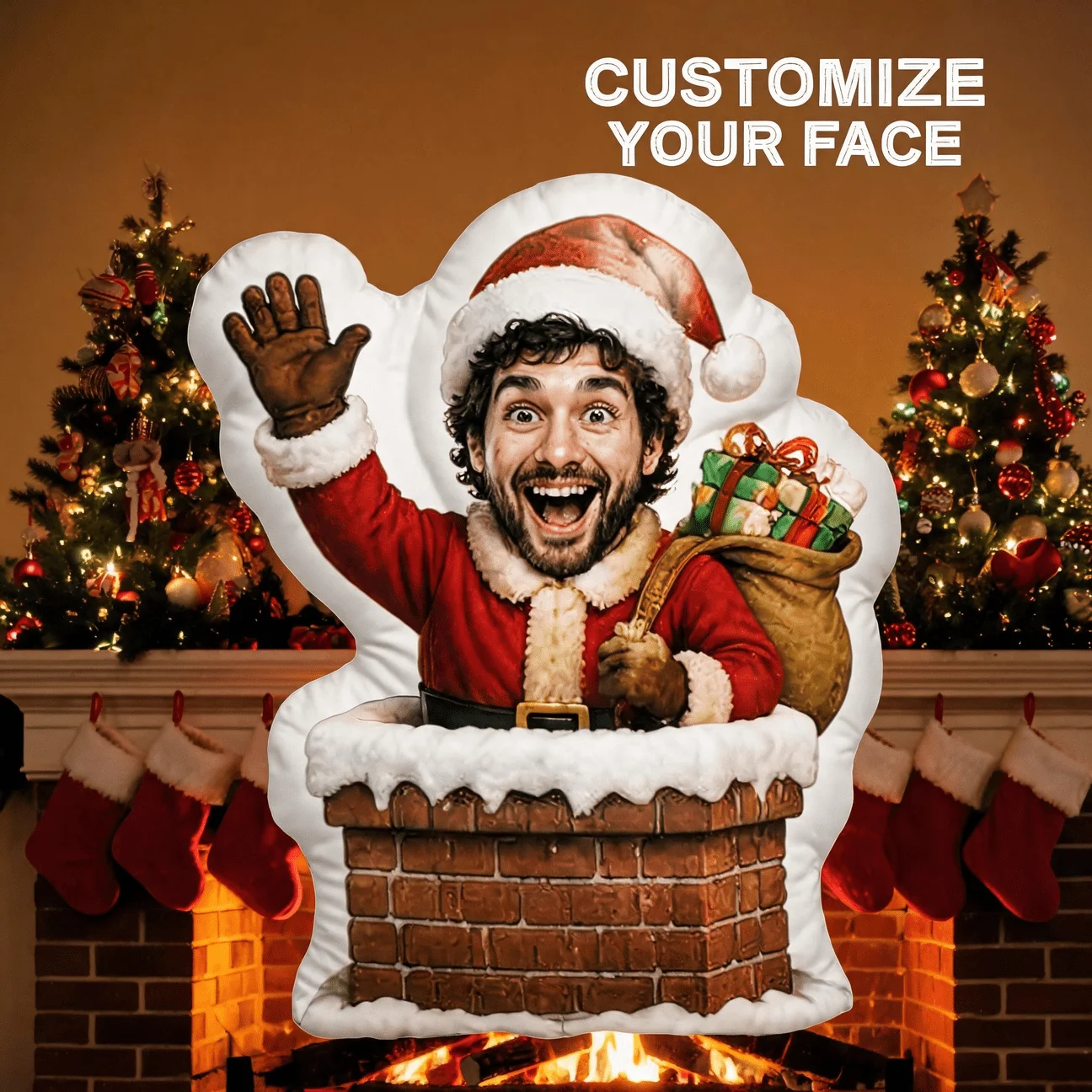 Custom Photo Santa Claus Chimney Shaped Pillow, Personalized Funny Face Decorative Cushion, 70cm Home Decor Accent for Sofa & Be