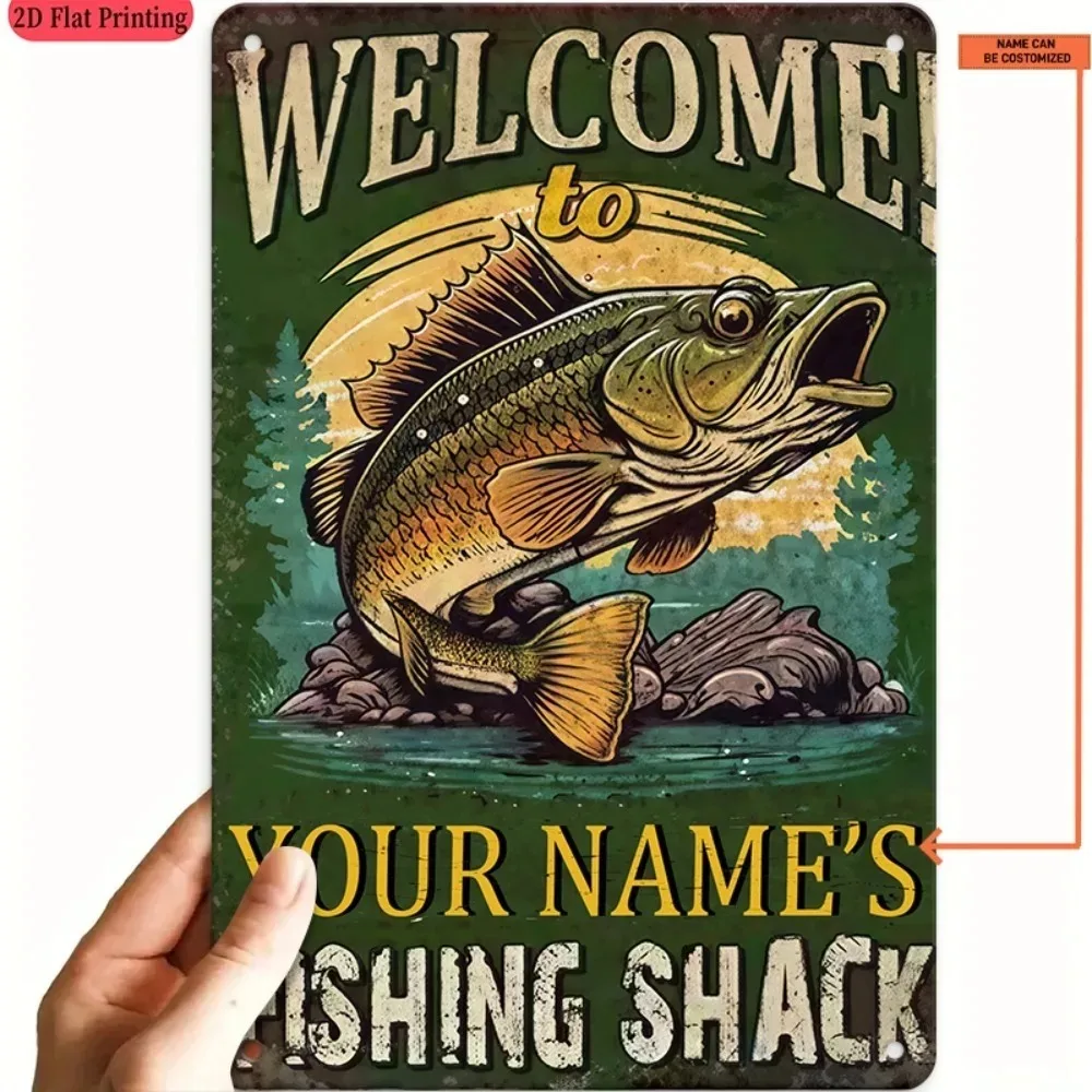 CIFbuy [2D Flat] Custom Name Fishing Shack Metal Sign,Vintage Bass Fish Lake Cabin Outdoor Wall Decor (Only For Decoration)