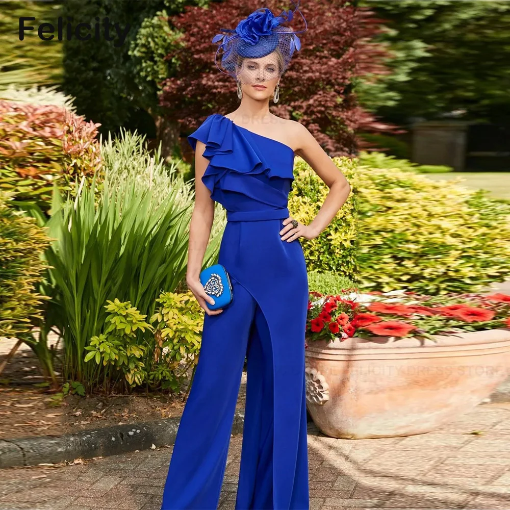 Royal Blue Mother of the Bride Dresses 2023 Pantsuit Jumpsuit One-Shoulder Ruffled Wedding Party Derss for Women فساتين السهرة