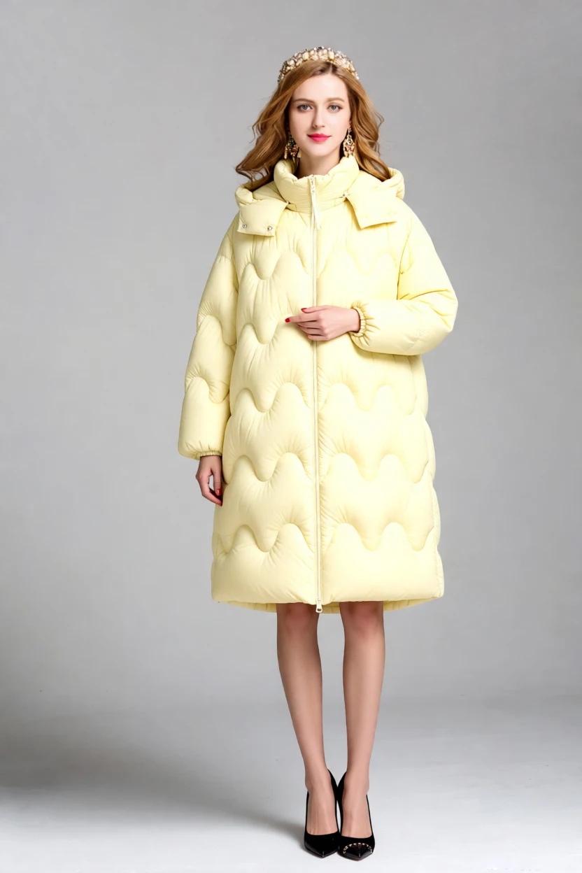 Women's Oversized Hooded Puffer Coat, Long Quilted Down Jacket with Wave Pattern, Yellow Winter Parka for Warmth & Style