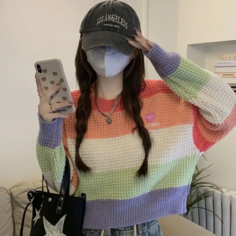 Multicolor Striped Pullovers Sweater Women Autumn Winter Fashion Loose Long Sleeve Knitwear All-match Preppy Style Knitting Tops