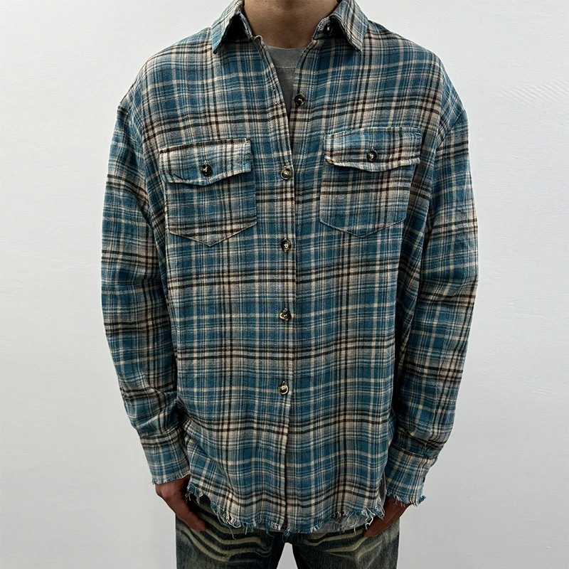 Best Quality Flannel Cotton Plaid Shirt Men Women Couple Casual Vintage Washed Hem Tassels Damage Shirts Oversized Top