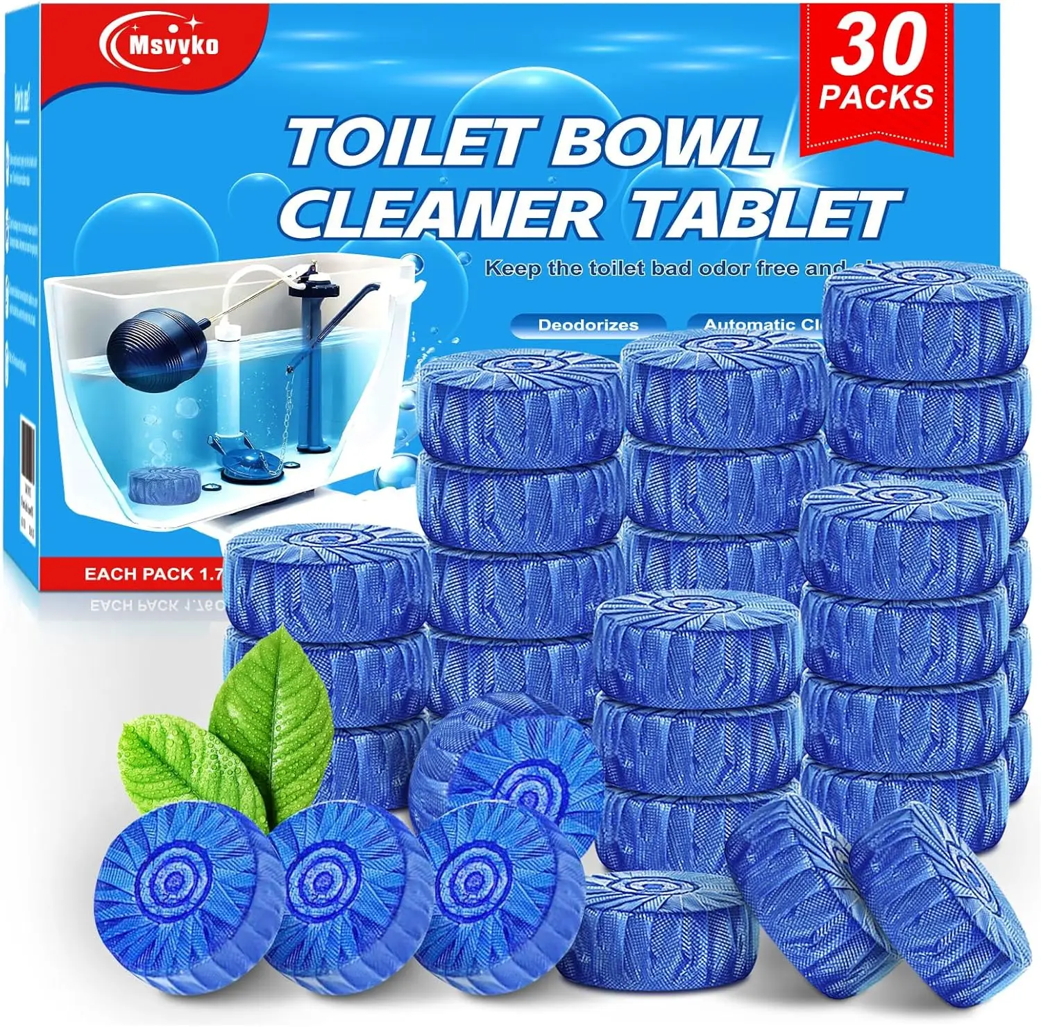 

Blue Toilet Tank Cleaner Tablets, Septic-Safe Hard Water Stain Remover & Deodorizer, 30 Tabs
