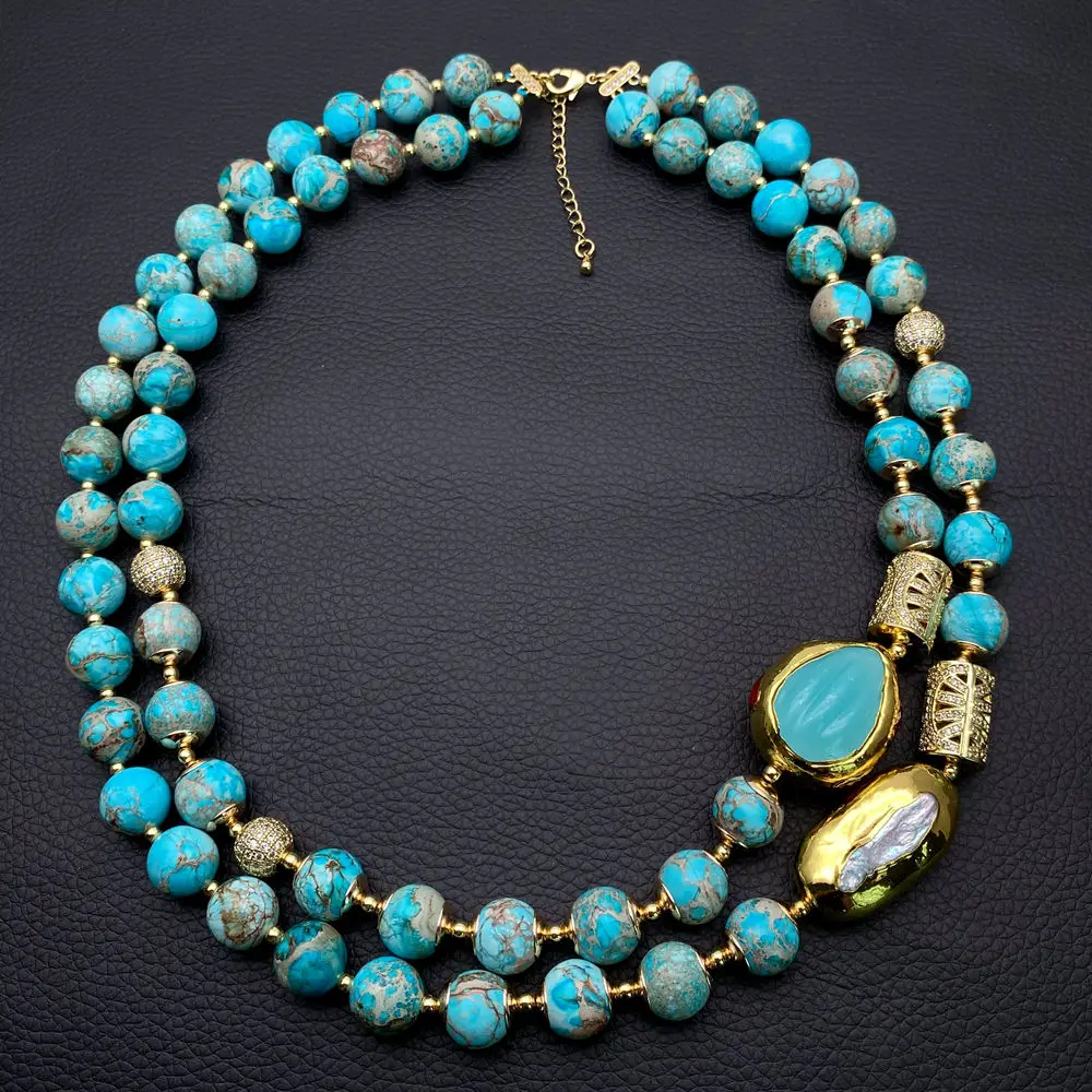 

Y·YING 2 Strands Blue Sea Sediment Jasper Necklace Blue Jade White Biwa Pearl Bead Choker Jewelry