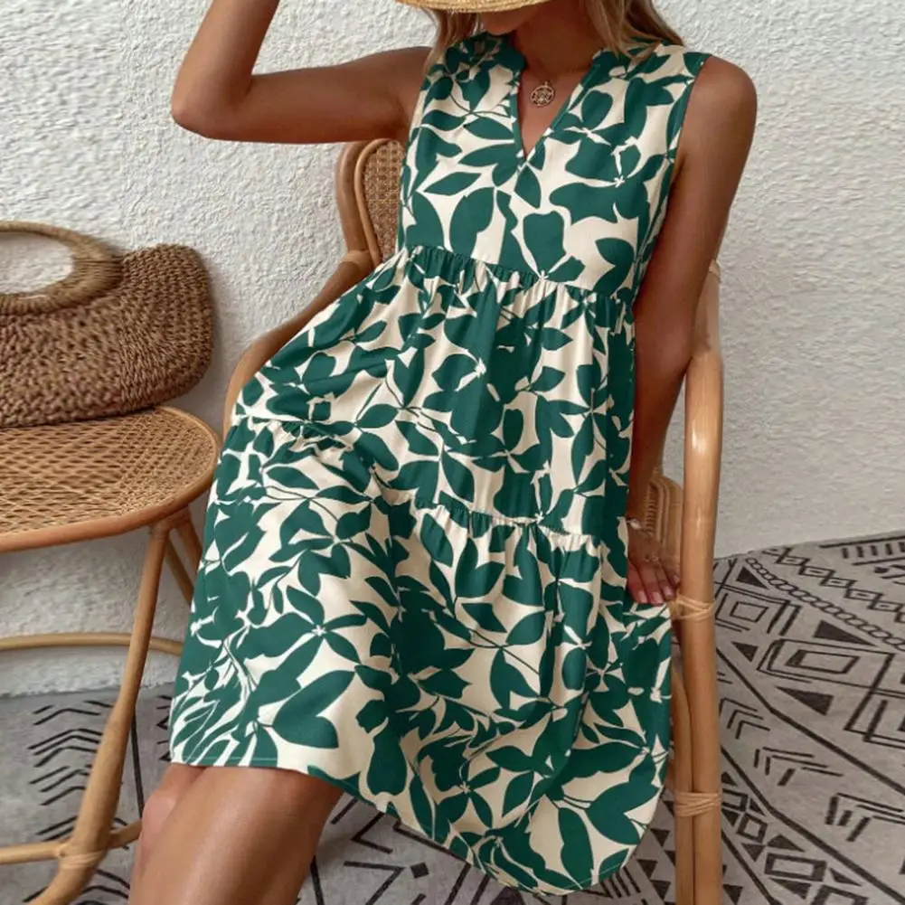 Women Boho Print Mini Dress Summer Elegant Sleeveless V Neck Ruffle A Line Tank Dress Casual Loose Oversize Beach Party Sundress