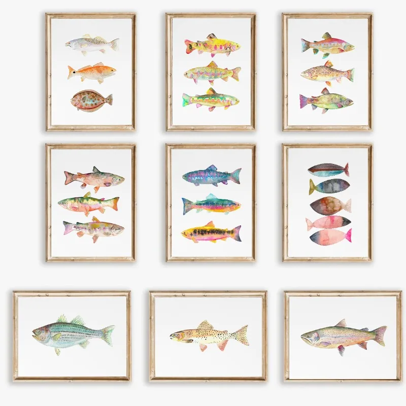 نابضة بالحياة المائية سمك السلمون المرقط الأسماك المشارك الحديثة بحيرة الأسماك الصيد حائط لوح رسم الفن صياد غرفة ديكور المنزل هدية لأبي