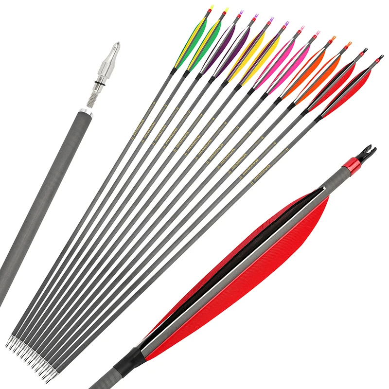 

12PCS Archery Carbon Arrow Spine500-600 ID6.2mm OD7.15mm-7.07mm Point Tip 6inch Feather Hunting Shooting Compound Bow