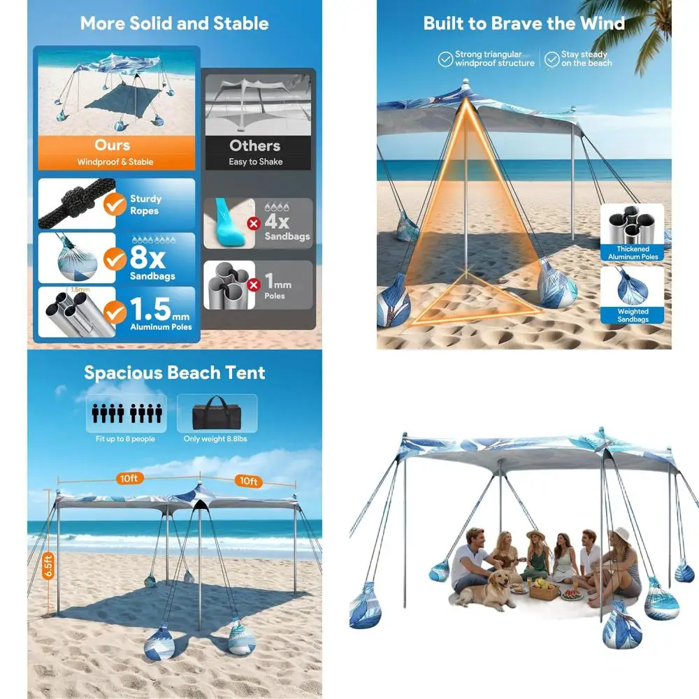 

10x10 Foot Beach Tent with UPF 50+ Sun Protection, 8 Sandbags & 4 Poles, Ideal for Outdoor Activities