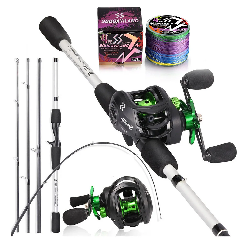 Sougayilang Casting Fishing Rod Combo 1.98m 4 Sections Magnetic Brake Aluminum Spool Rod and 7.2:1 Gear Ratio Casting Reel