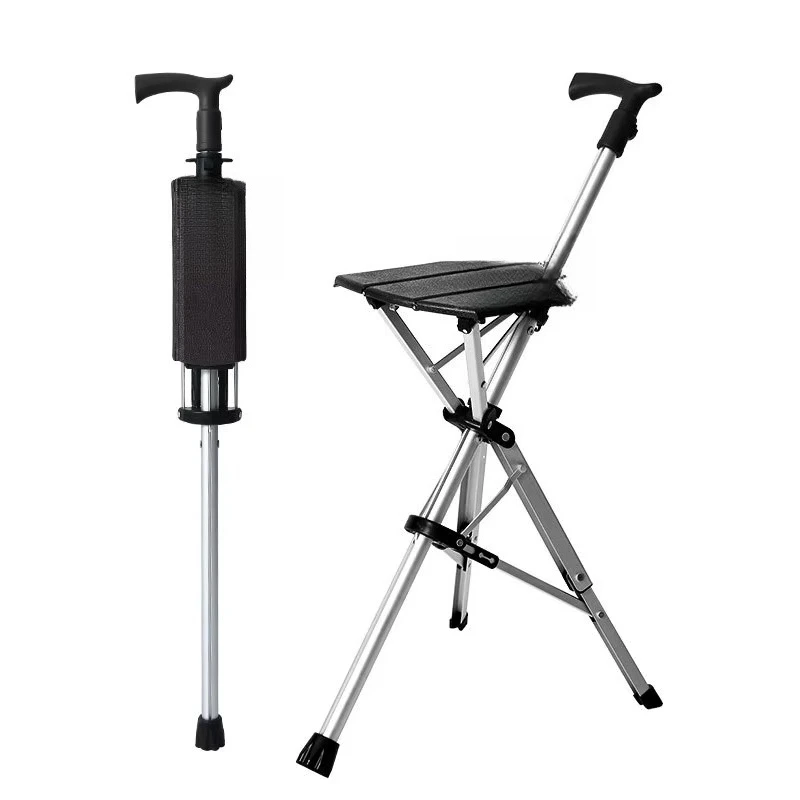 

Deluxe Rattan Adjustable Cane with Seat Telescope Chair Aluminum Adult Cane Stool Children Male