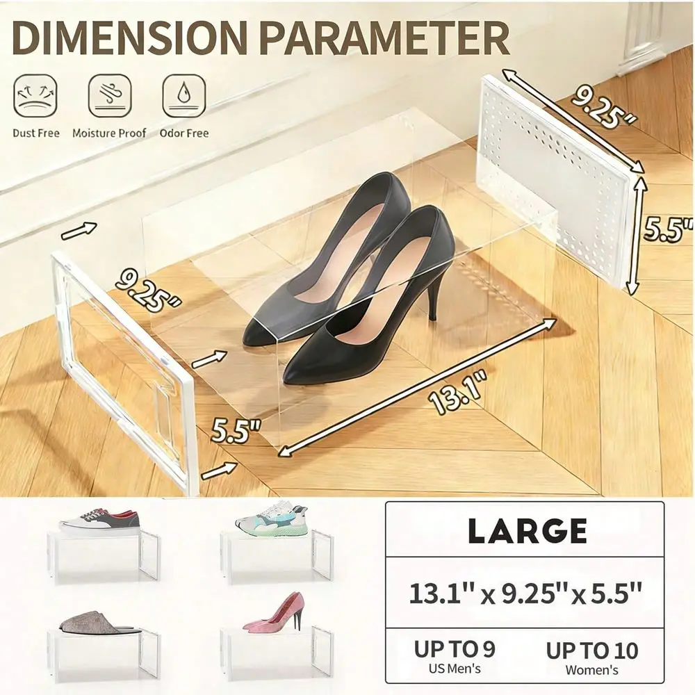 Pack Large Shoe Organizer Storage Rack Clear Plastic Stackable Shoe Boxes For Closet, Space Saving Foldable Shoe Storage Case,