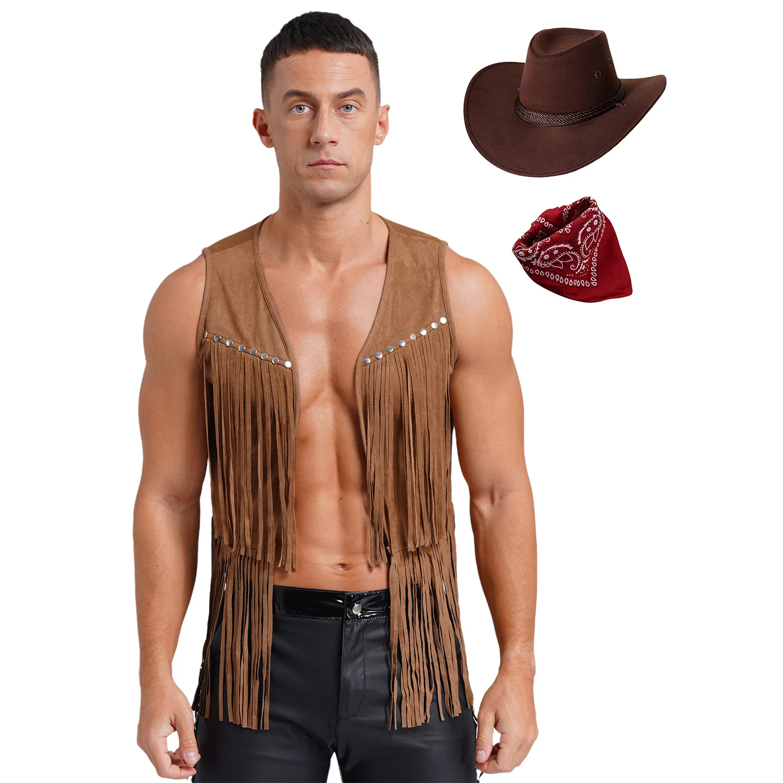 

Men Halloween Them Party Western Cowboy Cosplay Costume Set Faux Suede Tassel Rivets Steampunk Vest Waistcoat with Hat Bandanna