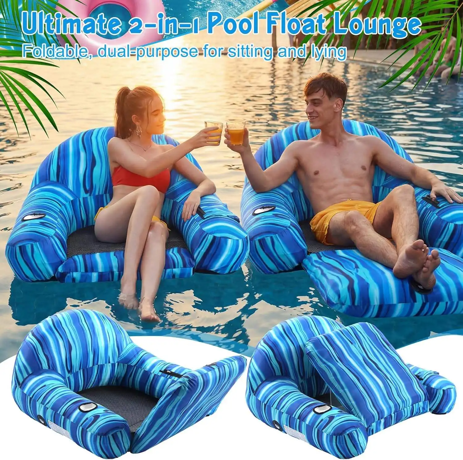Inflatable Lounger, 2-in-1 Convertible Floating Bed, Large Adult PVC Oxford Cloth Pool Water Lounge Chair