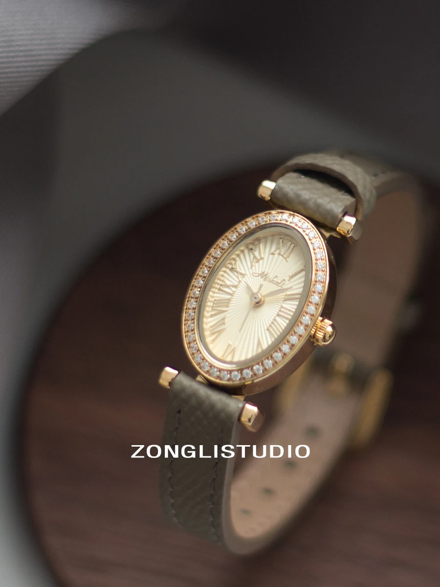 Luxury women's watch Oval diamond-set 20mm small dial Vintage leather ladies quartz watch waterproof clock a gift for loved ones