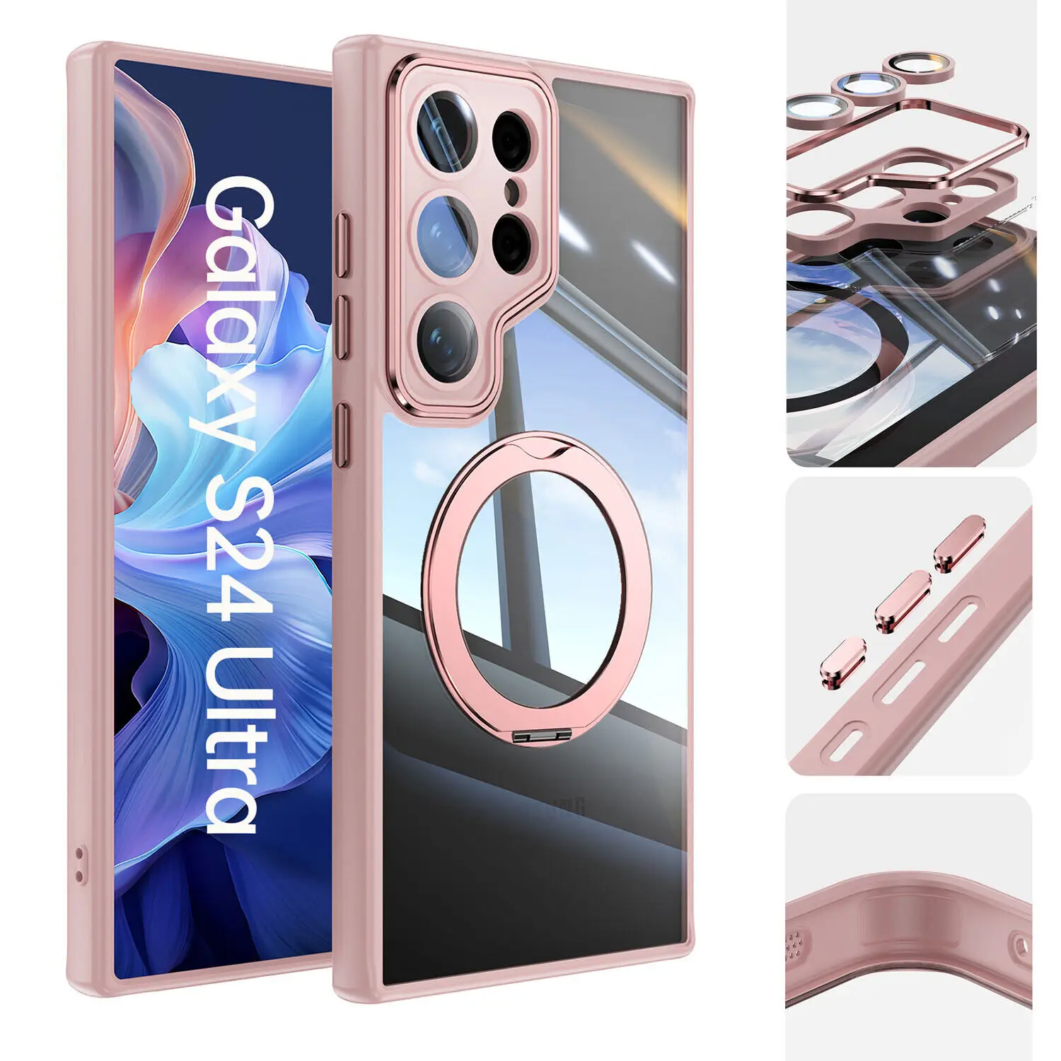 Tempering Rugged Clear Phone Case Slim Ring Stand Cover For Samsung Galaxy S25 Ultra S24 S23 Plus Back Ring Holder Cover Funda