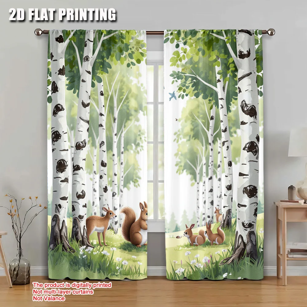 2pcs 2D flat printing Scene Curtains Birch Forest Polyester Without Electricity Festive Curtains Use for Holiday Parties Home