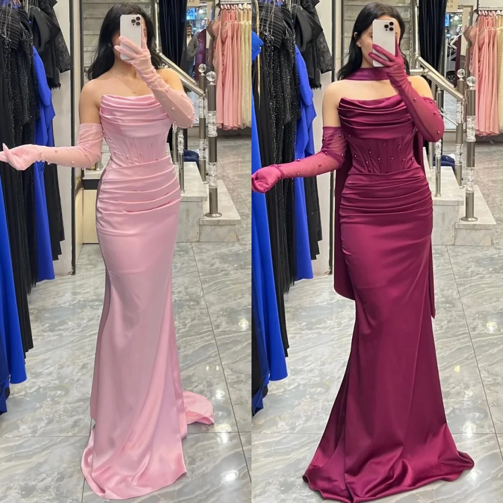 

Customized Elegant Classic Charmeuse Beading Ruched Mermaid Strapless Long Dresses Bespoke Occasion Dresses Sizes Available Sexy