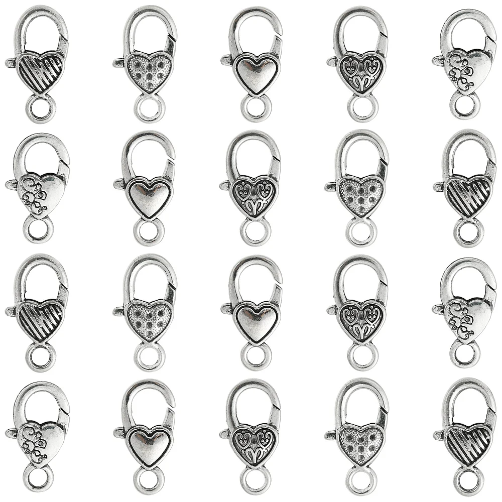 25pcs Antique Silver Heart Pattern Lobster Claw Clasp Mixed Style Trigger Snap Clasps for DIY Necklace Bracelet Jewelry Making