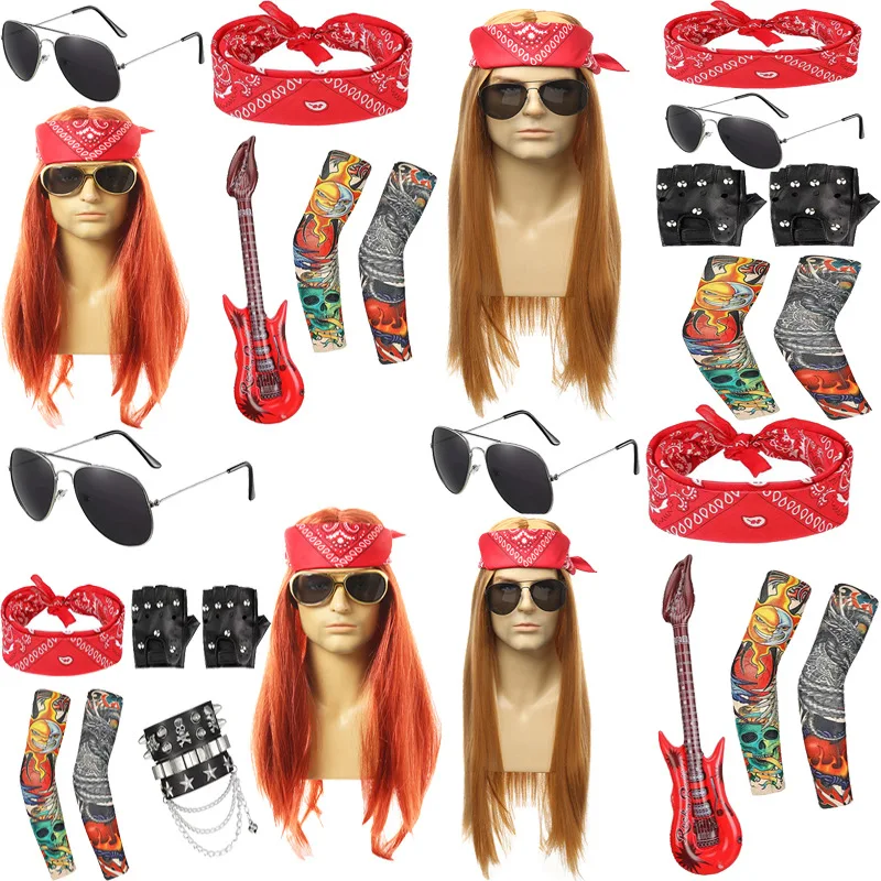 Hot 70s 80s Rocker Costume Heavy Metal Wig Men Women Hippie Wig With Bandana Sunglasses Punk Gloves Tattoo Sleeves for 80s Pun