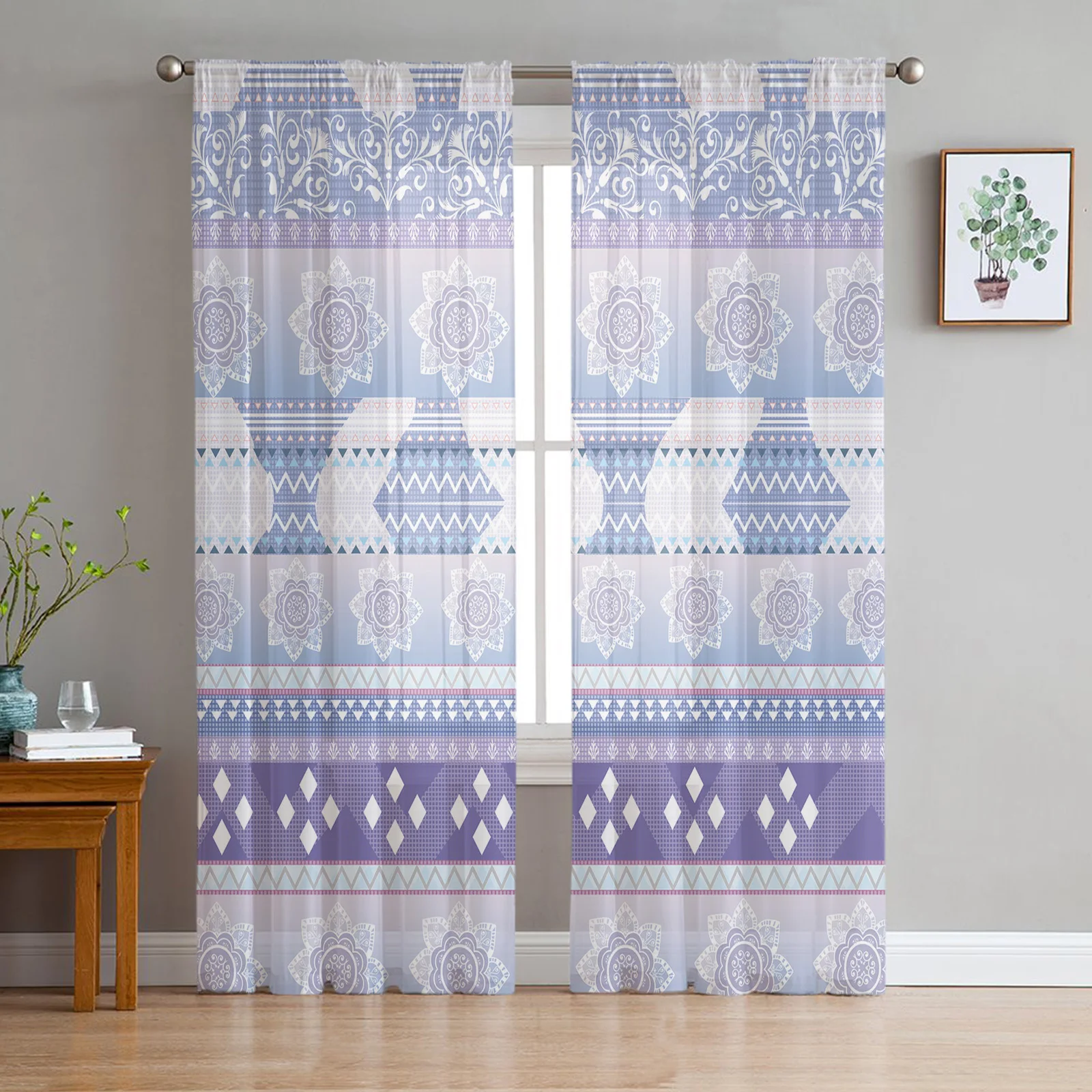 Purple Mandala Boho Pattern Booth Tulle Curtains For Living Room Chiffon Voile Sheer Window Curtain For Bedroom