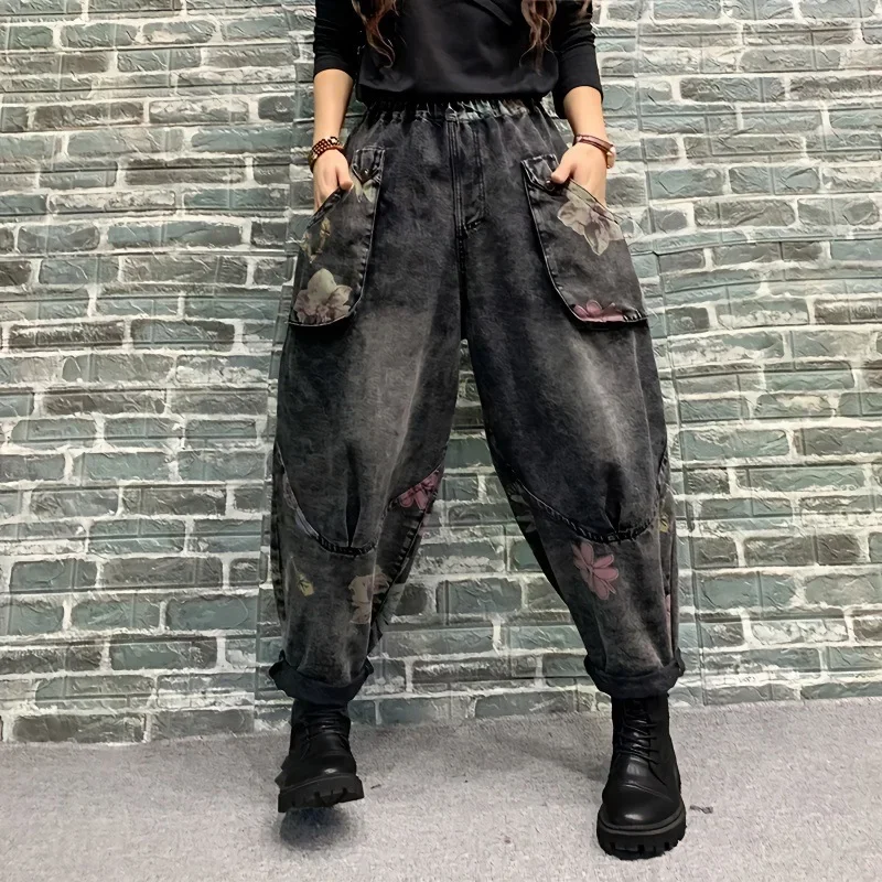

Весна 2025 г., модные джинсовые джинсы с принтом, винтажные потертые свободные брюки Харлан, длинные брюки больших размеров для женщин