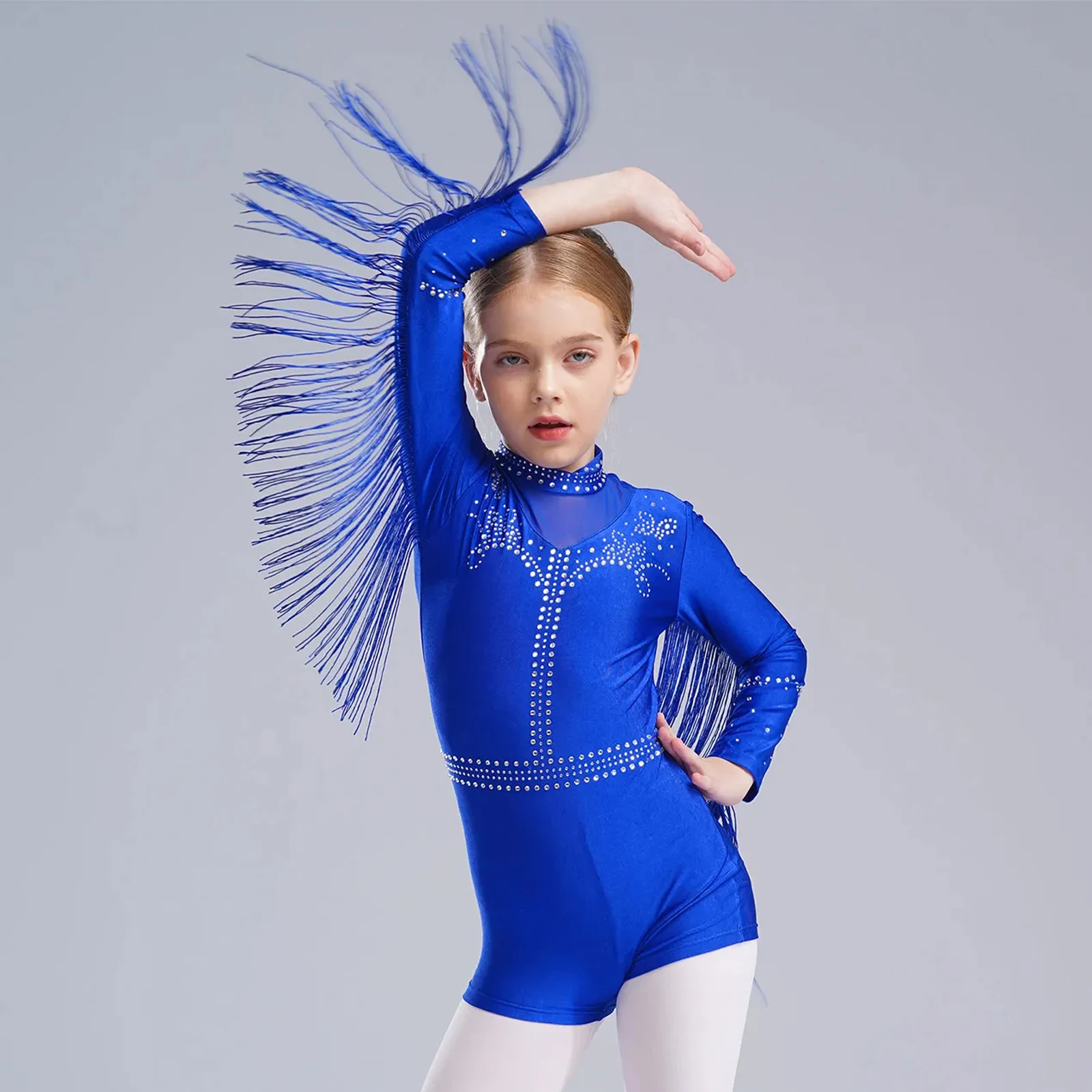 

Kids Girls Tassels Leotard Rhinestones Long Sleeve Fringe Bodysuit Dancewear for Latin Jazz Tango Ballet Dance Stage Performance