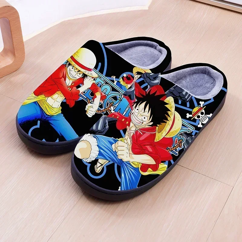 ONE PIECE Cartoon Warm Plush Cosplay Slippers Couple\'s Indoor Non-slip House Slides Men And Women Toe Wrap Home Cotton Shoes