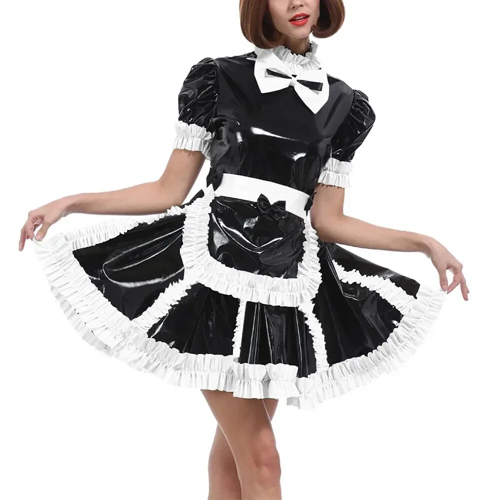 

Sexy Sissy French maid classic black border PVC lockable ruffle edge dress cosplay costume customizable