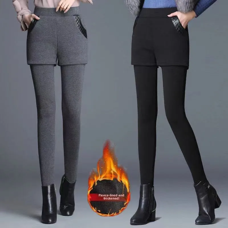 Women's High Waist Fleece Lined Thickened Bottoming Pants Winter Outerwear Short Skirt Warm Small Leggings Casual Scene