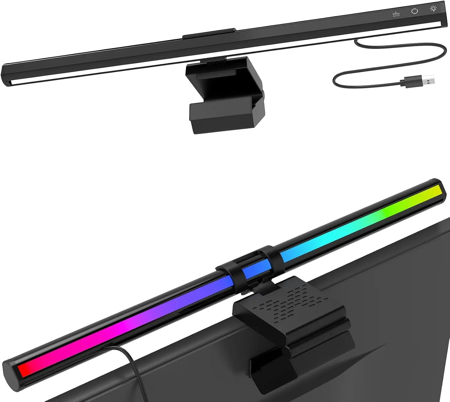 RGB Computer Monitor Lamp, USB Powered LED Screen Light Bar, 15 Modes and Dimmable Gaming Desk Lamp with Clip-On Design